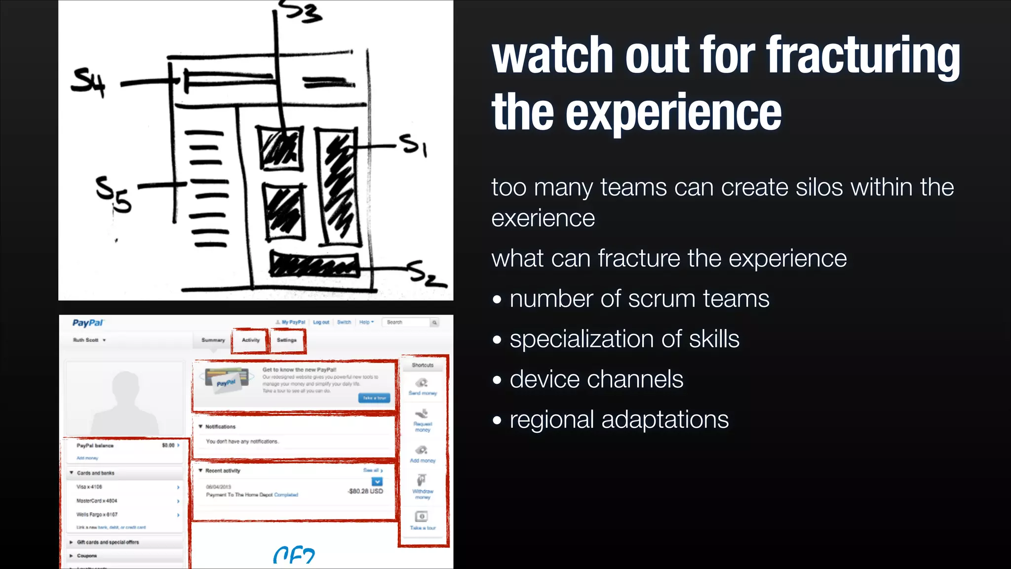watch out for fracturing
the experience
too many teams can create silos within the
exerience
what can fracture the experience
• number of scrum teams
• specialization of skills
• device channels
• regional adaptations

CE2

 