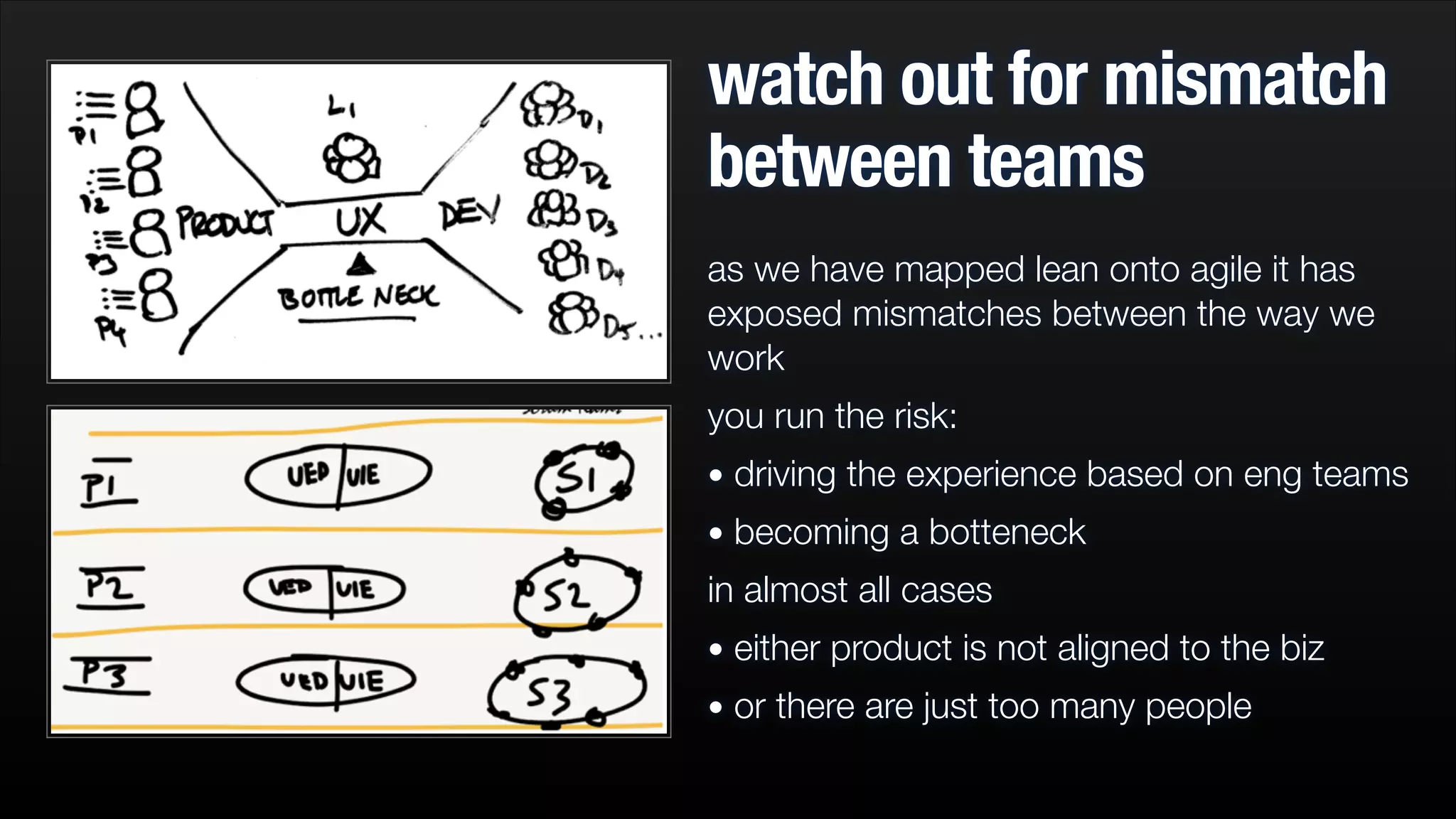watch out for mismatch
between teams
as we have mapped lean onto agile it has
exposed mismatches between the way we
work
you run the risk:
• driving the experience based on eng teams
• becoming a botteneck

in almost all cases
• either product is not aligned to the biz
• or there are just too many people

 