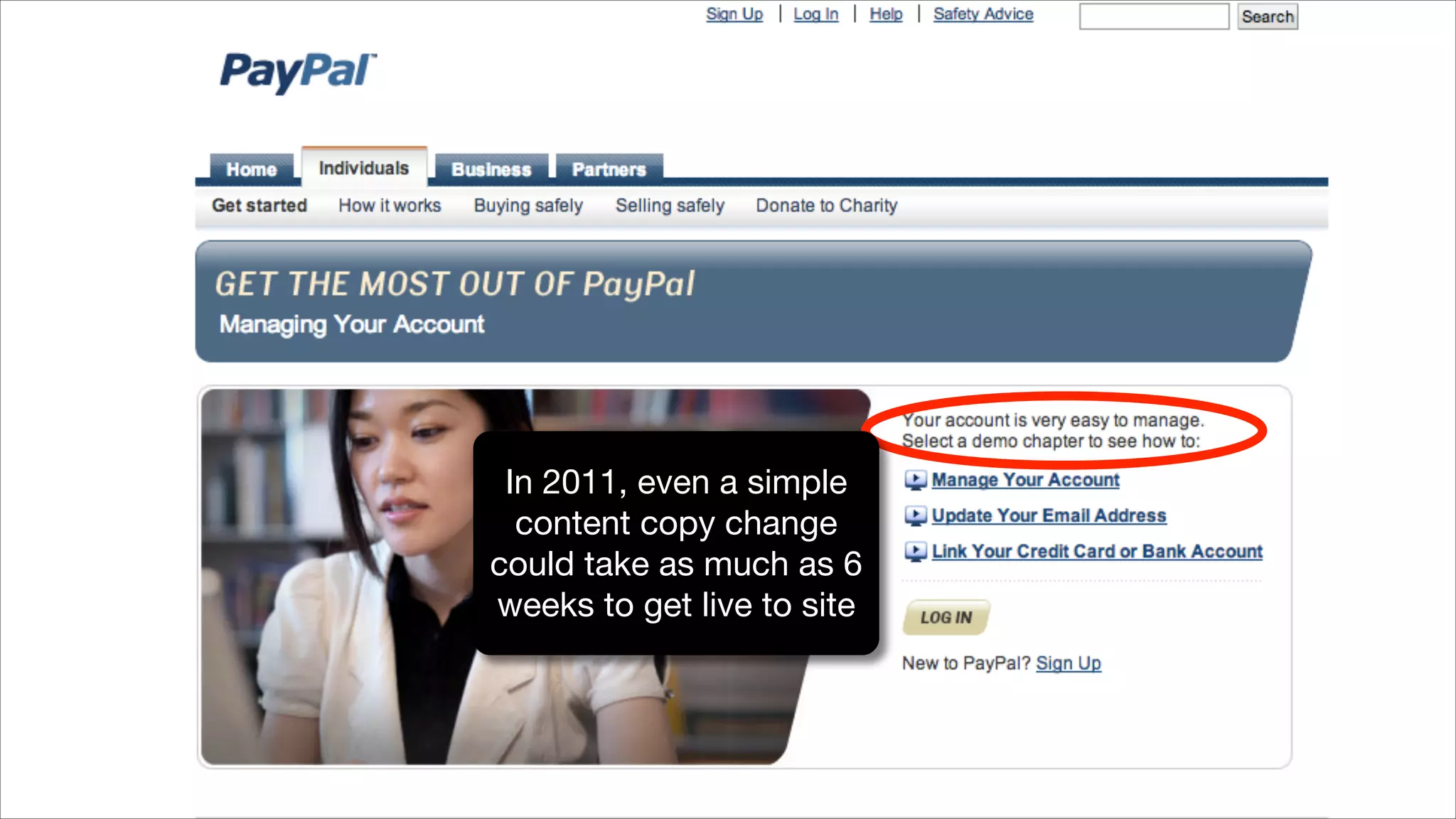 In 2011, even a simple
content copy change
could take as much as 6
weeks to get live to site

 