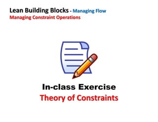 In-class Exercise
Theory of Constraints
Lean Building Blocks - Managing Flow
Managing Constraint Operations
 