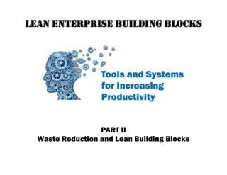 LEAN ENTERPRISE BUILDING BLOCKSLEAN ENTERPRISE BUILDING BLOCKSLEAN ENTERPRISE BUILDING BLOCKSLEAN ENTERPRISE BUILDING BLOCKS
Tools and SystemsTools and SystemsTools and SystemsTools and Systems
for Increasingfor Increasingfor Increasingfor Increasing
ProductivityProductivityProductivityProductivity
PART II
Waste Reduction and Lean Building Blocks
 