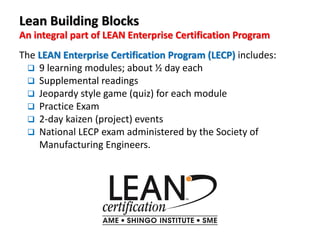 Lean Building Blocks
An integral part of LEAN Enterprise Certification Program
The LEAN Enterprise Certification Program (LECP) includes:
9 learning modules; about ½ day each
Supplemental readings
Jeopardy style game (quiz) for each module
Practice Exam
2-day kaizen (project) events
National LECP exam administered by the Society of
Manufacturing Engineers.
 