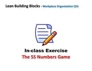 Lean Building Blocks - Workplace Organization (5S)
In-class Exercise
The 5S Numbers Game
 