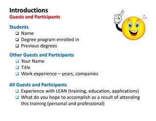 Introductions
Guests and Participants
Students
Name
Degree program enrolled in
Previous degrees
Other Guests and Participants
Your Name
Title
Work experience – years, companies
All Guests and Participants
Experience with LEAN (training, education, applications)
What do you hope to accomplish as a result of attending
this training (personal and professional)
 