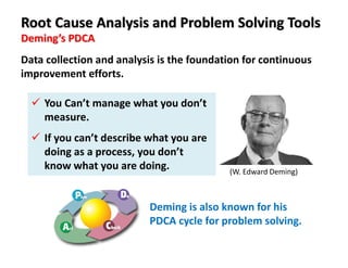 Deming’s PDCA
Root Cause Analysis and Problem Solving Tools
You Can’t manage what you don’t
measure.
If you can’t describe what you are
doing as a process, you don’t
know what you are doing. (W. Edward Deming)
Data collection and analysis is the foundation for continuous
improvement efforts.
Deming is also known for his
PDCA cycle for problem solving.
 