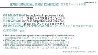 BARRY O’REILLY
TRANSFORMATIONAL TARGET CONDITIONS
49
WE BELIEVE THAT by deploying Improvement Kata
THEN WE WILL increase a...