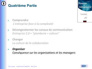 Quatrième Partie

1.

Comprendre
L’entreprise face à la complexité

2.

Décongestionner les canaux de communication
Entreprise 2.0 = “plomberie + culture”

3.

4.

Changer
La culture de la collaboration
Organiser
Conséquence sur les organisations et les managers

Yves Caseau - présentation Dauphine – Mars 2014

20/27

 