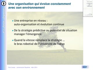 4ème Partie : Organiser

Une organisation qui évolue constamment
avec son environnement



Une entreprise en réseau :
auto-organisation et évolution continue



De la stratégie prédictive au potentiel de situation
manager l’émergence



Quand la vitesse remplace la stratégie …
le bras robotisé de l’Université de Tokyo

Yves Caseau - présentation Dauphine – Mars 2014

22/27

 
