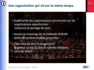4ème Partie : Organiser

Une organisation qui vit sur le même tempo



Supériorité des organisations synchrones sur les
organisations asynchrones :
résilience et partage de sens



Stand-up meetings de la méthode SCRUM
point de synchronisation journalier



Takt time du lean management:
la grosse caisse qui bat le rythme commun,
celui du client

Yves Caseau - présentation Dauphine – Mars 2014

23/27

 