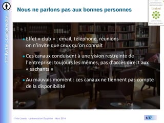 1ère Partie : Comprendre

Nous ne parlons pas aux bonnes personnes



Effet « club » : email, téléphone, réunions
on n’invite que ceux qu’on connait



Ces canaux conduisent à une vision restreinte de
l’entreprise: toujours les mêmes, pas d’accès direct aux
« sachants »



Au mauvais moment : ces canaux ne tiennent pas compte
de la disponibilité

Yves Caseau - présentation Dauphine – Mars 2014

6/27

 