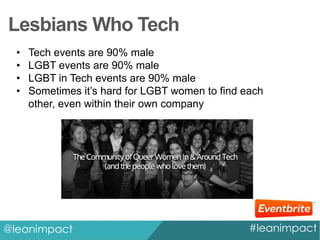 Lesbians Who Tech
•
•
•
•

Tech events are 90% male
LGBT events are 90% male
LGBT in Tech events are 90% male
Sometimes it’s hard for LGBT women to find each
other, even within their own company

@leanimpact

#leanimpact

 