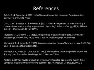 References
Bell, S. C., & Orzen, M. A. (2011). Enabling and Sustaining Your Lean Transformation.
Director (p. 349). CRC Press.

Clark, D. M., Silvester, K., & Knowles, S. (2013). Lean management systems: creating a
culture of continuous quality improvement. Journal of clinical pathology, 66(8), 638–43.
doi:10.1136/jclinpath-2013-201553
Toussaint, J. S., & Berry, L. L. (2013). The promise of Lean in health care. Mayo Clinic
proceedings. Mayo Clinic, 88(1), 74–82. doi:10.1016/j.mayocp.2012.07.025
Womack, J. P., & Jones, D. T. (2005). Lean consumption. Harvard business review, 83(3), 58–
68, 148. doi:10.1049/me:20050411
Womack, J. P., Jones, D. T., & Roos, D. (1990). The Machine that Changed the World: The
Story of Lean Production. World (pp. 1–11). Harper Collins.
Yazdani, B. (1995). Toyota production system: An integrated approach to Just-In-Time.
Computer Integrated Manufacturing Systems. doi:10.1016/0951-5240(95)90010-1

 