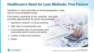 © 2018 Health Catalyst
Proprietary. Feel free to share but we would appreciate a Health Catalyst citation.
Healthcare’s Need for Lean Methods: Five Factors
Variations in care exist both on broad geographic scale
and on more localized levels.
Five factors contribute to this variation, and each
provides opportunities for great improvement.
1. Significant variation in clinical practices
2. High rates of inappropriate care
3. Unacceptable rates of preventable care-
associated patient injuries and deaths
4. Inability to follow best practices
5. Waste
 