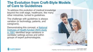 © 2018 Health Catalyst
Proprietary. Feel free to share but we would appreciate a Health Catalyst citation.
The Evolution from Craft-Style Models
of Care to Guidelines
To address this evolution of medical knowledge
beyond the craft stage, healthcare, like many
other industries, turned to guidelines.
The challenge with guidelines is always
variation (in technology, patients, and
caregivers).
Demonstrating this concept, a National
Institutes of Health-funded (NIH) study
in 1991 identified large variations in
ventilator settings across and within
groups of expert pulmonologists.
 