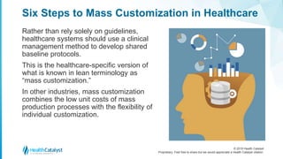 © 2018 Health Catalyst
Proprietary. Feel free to share but we would appreciate a Health Catalyst citation.
Six Steps to Mass Customization in Healthcare
Rather than rely solely on guidelines,
healthcare systems should use a clinical
management method to develop shared
baseline protocols.
This is the healthcare-specific version of
what is known in lean terminology as
“mass customization.”
In other industries, mass customization
combines the low unit costs of mass
production processes with the flexibility of
individual customization.
 
