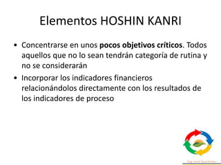 Elementos HOSHIN KANRI
• Concentrarse en unos pocos objetivos críticos. Todos
aquellos que no lo sean tendrán categoría de rutina y
no se considerarán
• Incorporar los indicadores financieros
relacionándolos directamente con los resultados de
los indicadores de proceso
 