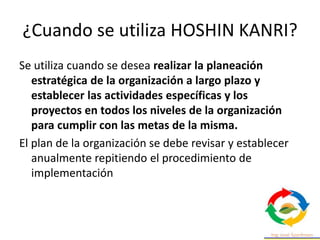 ¿Cuando se utiliza HOSHIN KANRI?
Se utiliza cuando se desea realizar la planeación
estratégica de la organización a largo plazo y
establecer las actividades específicas y los
proyectos en todos los niveles de la organización
para cumplir con las metas de la misma.
El plan de la organización se debe revisar y establecer
anualmente repitiendo el procedimiento de
implementación
 