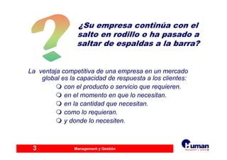 Management y Gestión3
¿Su empresa continúa con el
salto en rodillo o ha pasado a
saltar de espaldas a la barra?
La ventaja competitiva de una empresa en un mercado
global es la capacidad de respuesta a los clientes:
con el producto o servicio que requieren.
en el momento en que lo necesitan.
en la cantidad que necesitan.
como lo requieran.
y donde lo necesiten.
 