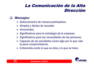Management y Gestión33
La ComunicaciLa Comunicacióón de la Altan de la Alta
DirecciDireccióónn
Mensajes:
Seleccionarlos de manera participativa.
Simples y fáciles de recordar.
Verosímiles.
Significativos para la estrategia de la empresa.
Significativos para las necesidades de las personas.
Capaces de ser percibidos como algo por lo que vale
la pena comprometerse.
Coherentes entre lo que se dice y lo que se hace.
 