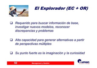 Management y Gestión50
El Explorador (EC + OR)El Explorador (EC + OR)
Requerido para buscar información de base,
investigar nuevos modelos, reconocer
discrepancias y problemas
Alta capacidad para generar alternativas a partir
de perspectivas múltiples
Su punto fuerte es la imaginación y la curiosidad
 