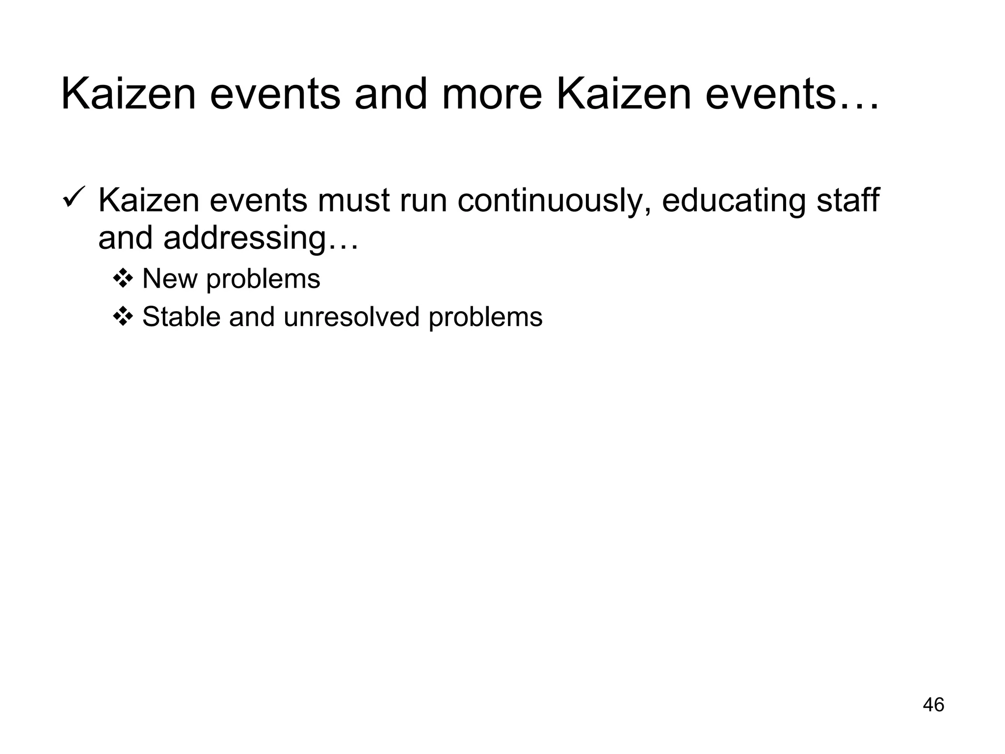 Kaizen events and more Kaizen events… Kaizen events must run continuously, educating staff and addressing… New problems Stable and unresolved problems 