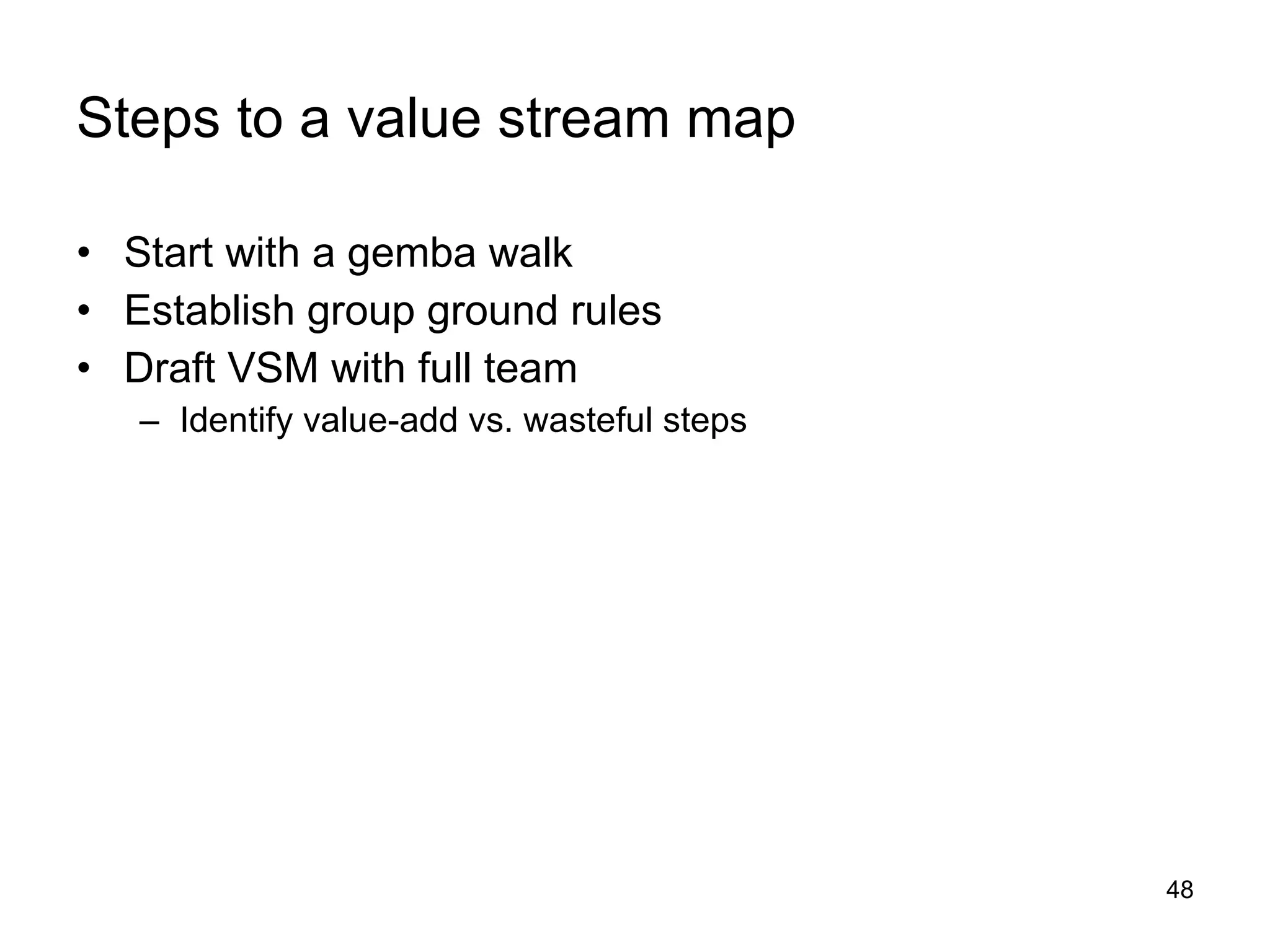 Steps to a value stream map Start with a gemba walk Establish group ground rules Draft VSM with full team Identify value-add vs. wasteful steps 