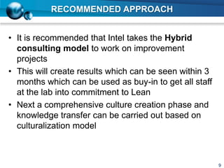 RECOMMENDED APPROACH
• It is recommended that Intel takes the Hybrid
consulting model to work on improvement
projects
• This will create results which can be seen within 3
months which can be used as buy-in to get all staff
at the lab into commitment to Lean
• Next a comprehensive culture creation phase and
knowledge transfer can be carried out based on
culturalization model
9
 