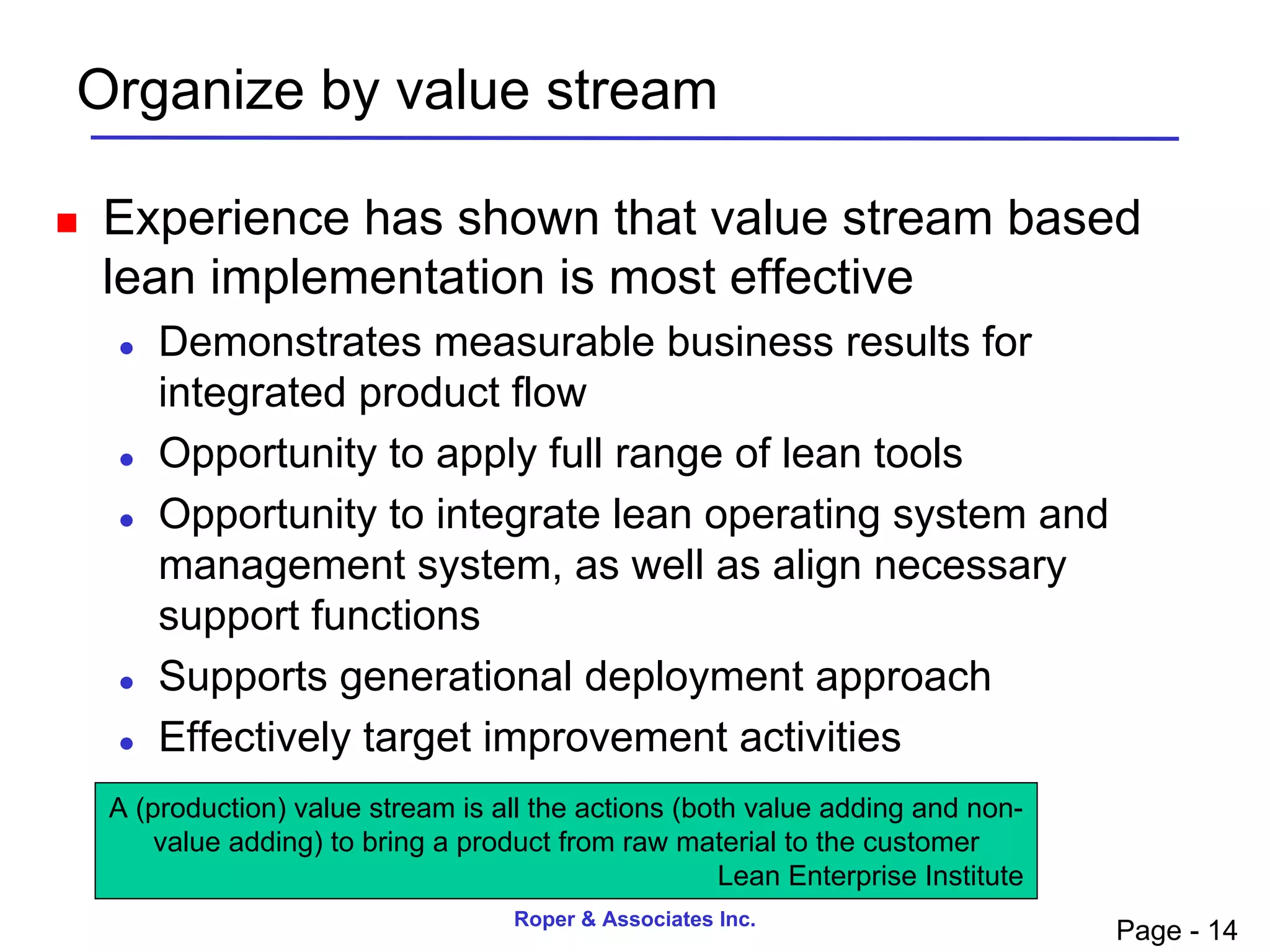 Organize by value stream

   Experience has shown that value stream based
    lean implementation is most effective
       Demonstrates measurable business results for
        integrated product flow
       Opportunity to apply full range of lean tools
       Opportunity to integrate lean operating system and
        management system, as well as align necessary
        support functions
       Supports generational deployment approach
       Effectively target improvement activities
    A (production) value stream is all the actions (both value adding and non-
        value adding) to bring a product from raw material to the customer
                                                       Lean Enterprise Institute
                                     Roper & Associates Inc.
                                                                                   Page - 14
 