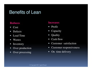 Benefits of Lean
Reduces
 Cost

 Defects
 Lead Time
 Wastes
 Inventory
 Over production
 Over processing

© Copyright 2013 Jagriti Prasad

Increases
 Profit
 Capacity
 Quality
 Cash flow
 Customer satisfaction
 Customer responsiveness
 On time delivery

 