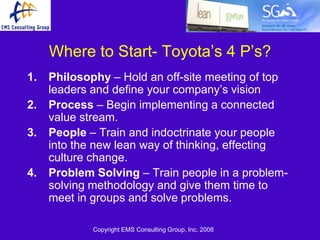 Where to Start- Toyota’s 4 P’s?
1.   Philosophy – Hold an off-site meeting of top
     leaders and define your company’s vision
2.   Process – Begin implementing a connected
     value stream.
3.   People – Train and indoctrinate your people
     into the new lean way of thinking, effecting
     culture change.
4.   Problem Solving – Train people in a problem-
     solving methodology and give them time to
     meet in groups and solve problems.

             Copyright EMS Consulting Group, Inc. 2008
 