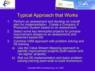Typical Approach that Works
1.  Perform an assessment and develop an overall
    plan for implementation. Create a Company X
    Production System based on an assessment.
2. Select some key items/pilot projects for process
    improvement (based on an assessment) and
    implement kaizen/5S.
3. Combine VSM approach with problem solving and
    5S training.
   a) Use the Value Stream Mapping approach to
       identify improvement projects (both kaizen and
       ―six sigma‖ projects)
   b) Roll out 5S implementation and basic problem
       solving training plant-wide to build momentum.

              Copyright EMS Consulting Group, Inc. 2008
 
