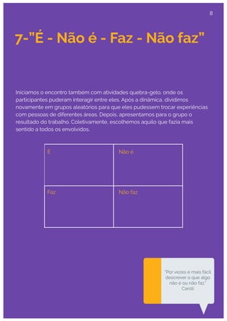 7-”É - Não é - Faz - Não faz”
Iniciamos o encontro também com atividades quebra-gelo, onde os
participantes puderam interagir entre eles. Após a dinâmica, dividimos
novamente em grupos aleatórios para que eles pudessem trocar experiências
com pessoas de diferentes áreas. Depois, apresentamos para o grupo o
resultado do trabalho. Coletivamente, escolhemos aquilo que fazia mais
sentido a todos os envolvidos.
É Não é
Faz Não faz
“Por vezes é mais fácil
descrever o que algo
não é ou não faz.”
Caroli
8
 