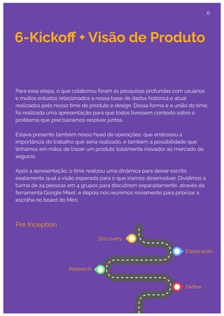 6-Kickoﬀ + Visão de Produto
Para essa etapa, o que colaborou foram as pesquisas profundas com usuários
e muitos estudos relacionados a nossa base de dados histórica e atual
realizados pelo nosso time de produto e design. Dessa forma e a união do time,
foi realizada uma apresentação para que todos tivessem contexto sobre o
problema que precisaríamos resolver juntos.
Estava presente também nosso head de operações, que endossou a
importância do trabalho que seria realizado, e também a possibilidade que
tínhamos em mãos de trazer um produto totalmente inovador ao mercado de
seguros.
Após a apresentação, o time realizou uma dinâmica para deixar escrito
exatamente qual a visão esperada para o que iríamos desenvolver. Dividimos a
turma de 24 pessoas em 4 grupos para discutirem separadamente, através da
ferramenta Google Meet, e depois nos reunimos novamente para priorizar a
escolha no board do Miro.
Pré Inception
Discovery
Exploração
Research
Deﬁne
6
 