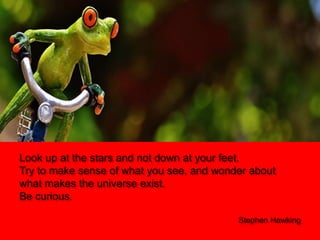 Look up at the stars and not down at your feet.
Try to make sense of what you see, and wonder about
what makes the universe exist.
Be curious.
Stephen Hawking
 