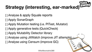 @theNeomatrix369
Strategy (method in the madness)
[ ] Unit & Integration test coverage:
EclEmma, JaCoco, IntelliJ Code Coverage check
[ ] Most violated rules (Blockers, Critical, Major, Minor violations)
[ ] Duplication removal - DRY
[ ] Complexity (package-, file/class-, method-levels)
[ ] Performance: profiling (memory, cpu, hardware)
[ ] Performance: GC analysis*, JMH benchmarking*
* Java/JVM platforms only
 