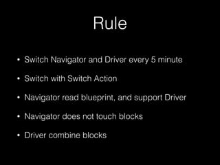 Rule
• Switch Navigator and Driver every 5 minute
• Switch with Switch Action
• Navigator read blueprint, and support Driver
• Navigator does not touch blocks
• Driver combine blocks
 