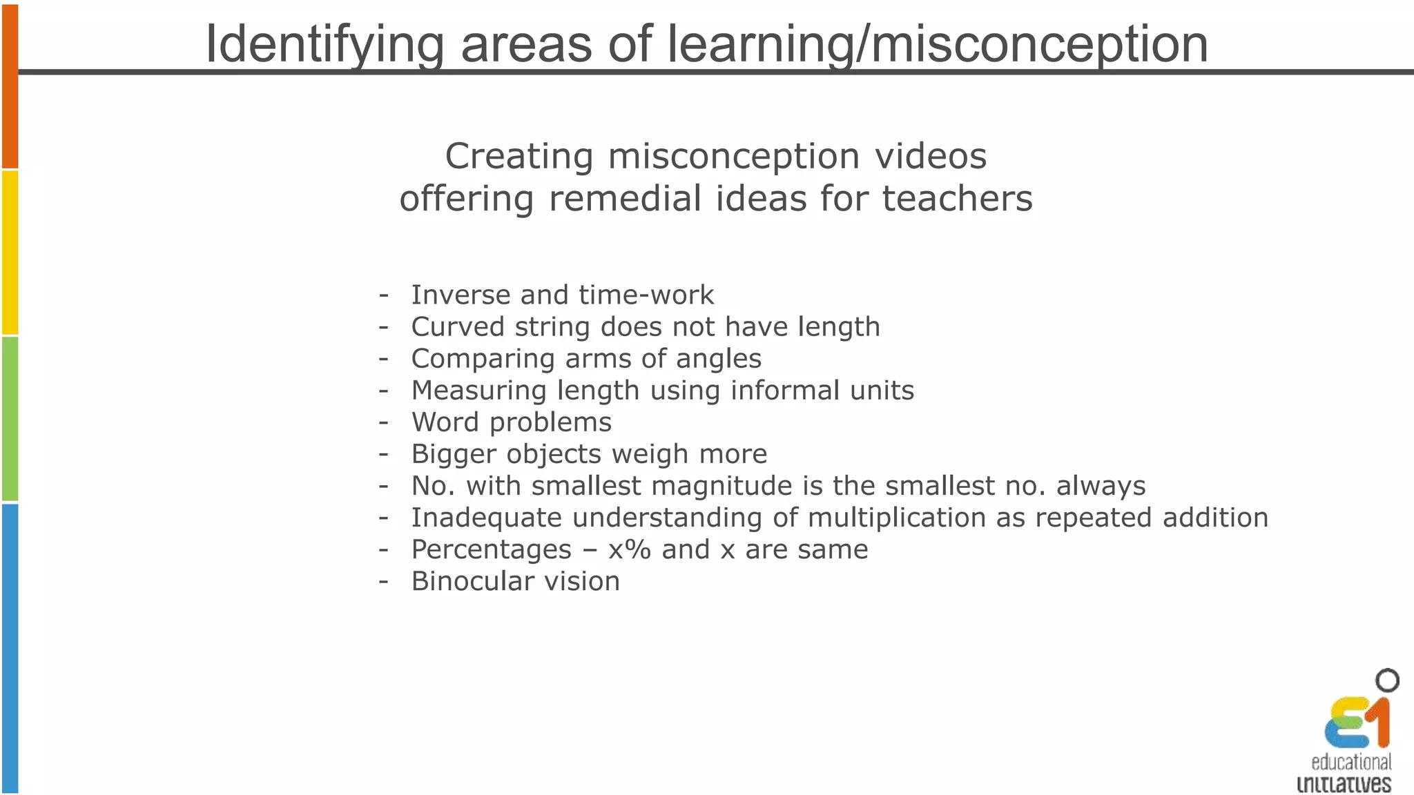 Identifying areas of learning/misconception 
Creating misconception videos 
offering remedial ideas for teachers 
- Inverse and time-work 
- Curved string does not have length 
- Comparing arms of angles 
- Measuring length using informal units 
- Word problems 
- Bigger objects weigh more 
- No. with smallest magnitude is the smallest no. always 
- Inadequate understanding of multiplication as repeated addition 
- Percentages – x% and x are same 
- Binocular vision 
 