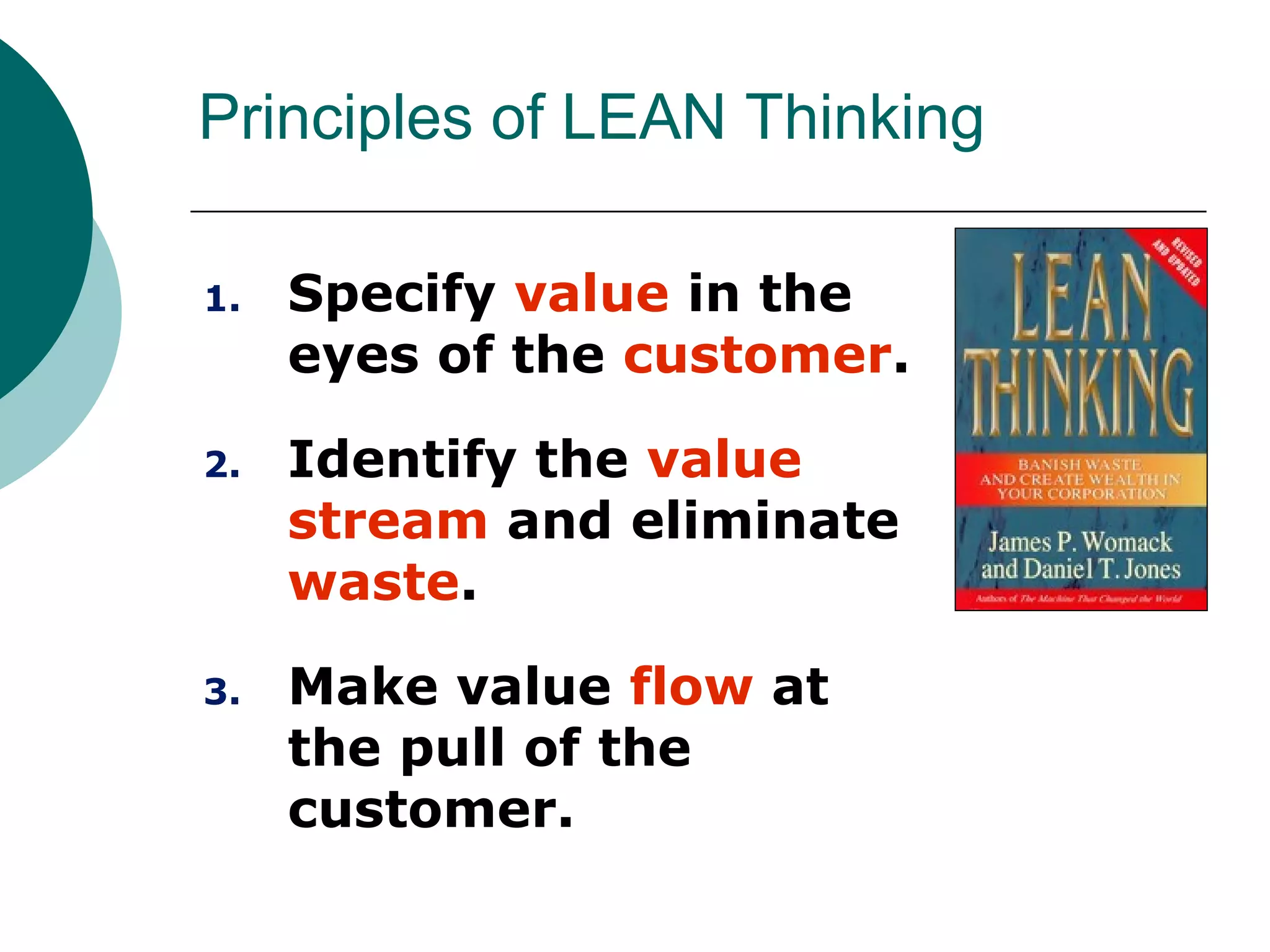Principles of LEAN Thinking

1.   Specify value in the
     eyes of the customer.

2.   Identify the value
     stream and eliminate
     waste.

3.   Make value flow at
     the pull of the
     customer.
 