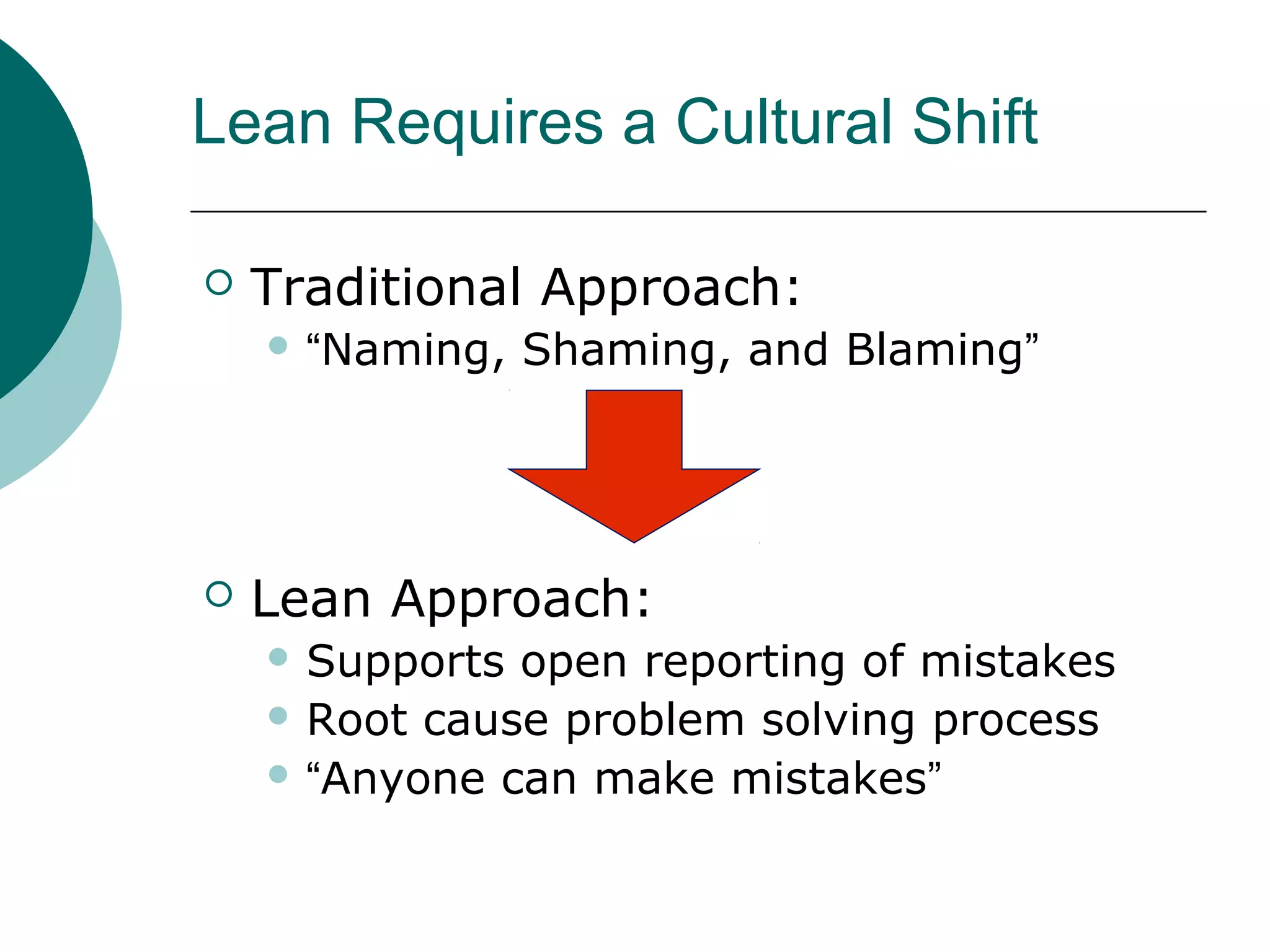 Lean Requires a Cultural Shift

   Traditional Approach:
     “Naming,   Shaming, and Blaming”




   Lean Approach:
     Supports open reporting of mistakes
     Root cause problem solving process
     “Anyone can make mistakes”
 