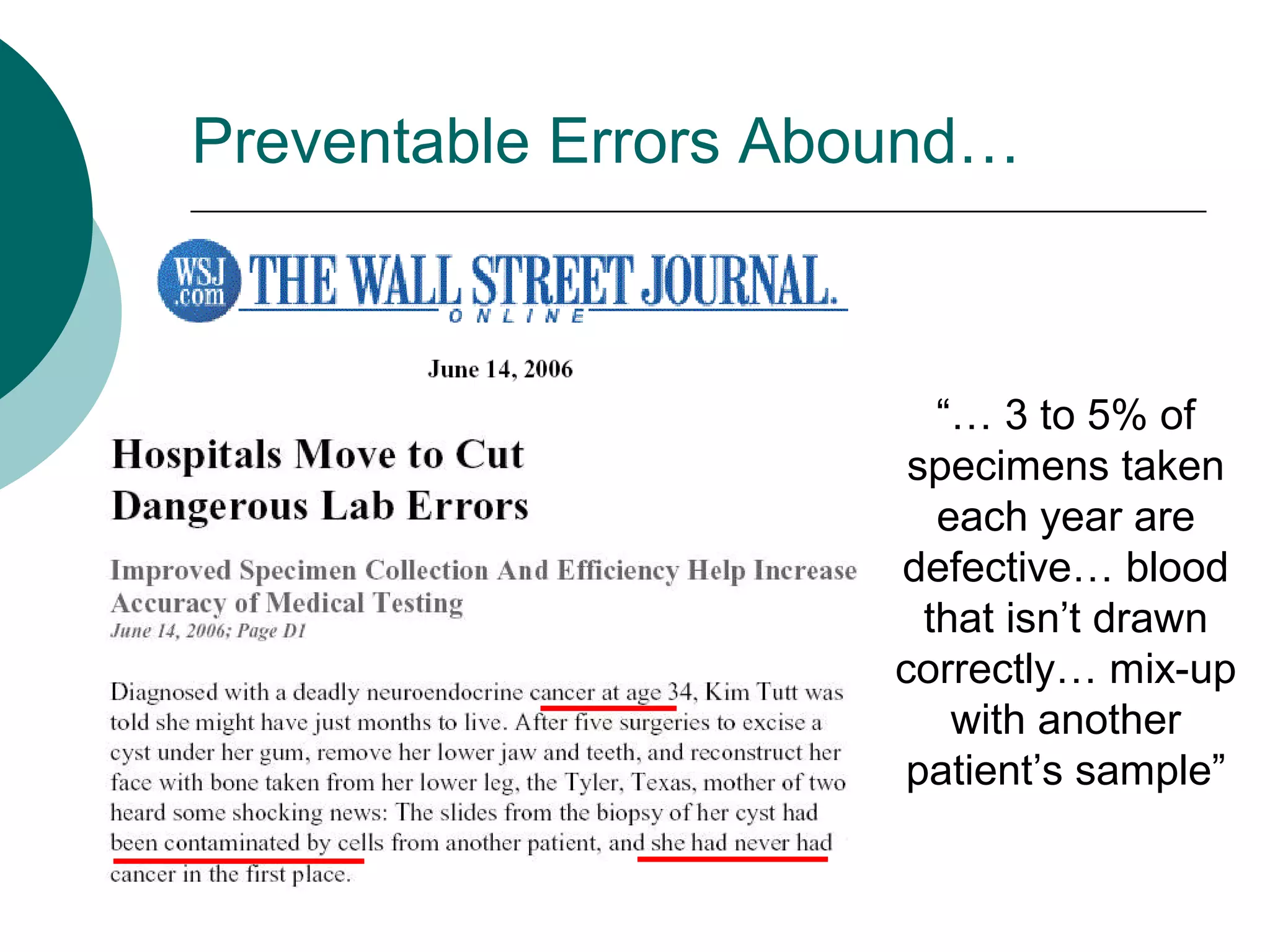 Preventable Errors Abound…



                         “… 3 to 5% of
                       specimens taken
                         each year are
                      defective… blood
                        that isn’t drawn
                      correctly… mix-up
                          with another
                       patient’s sample”
 