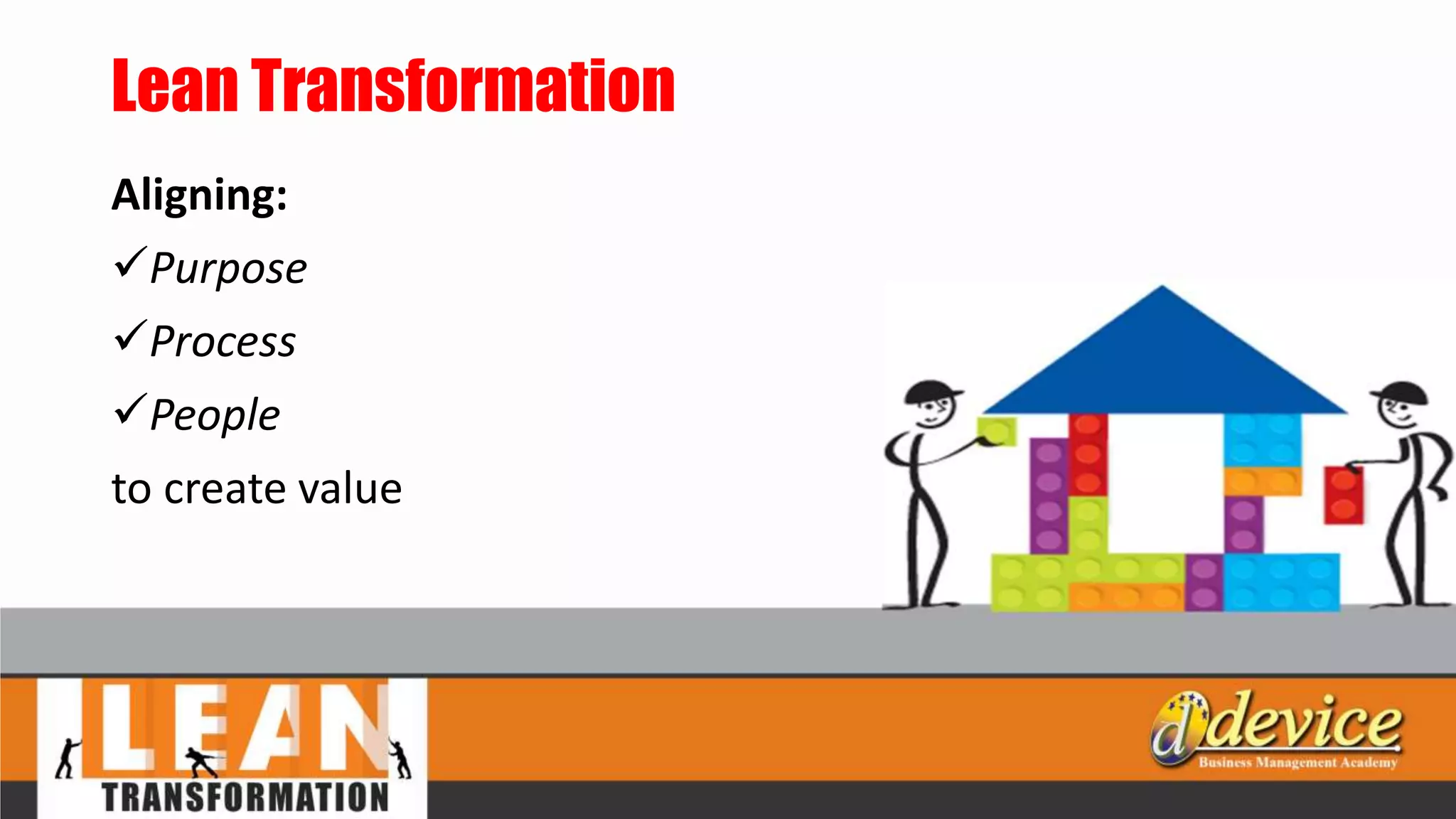 Lean Transformation
Aligning:
Purpose
Process
People
to create value
 