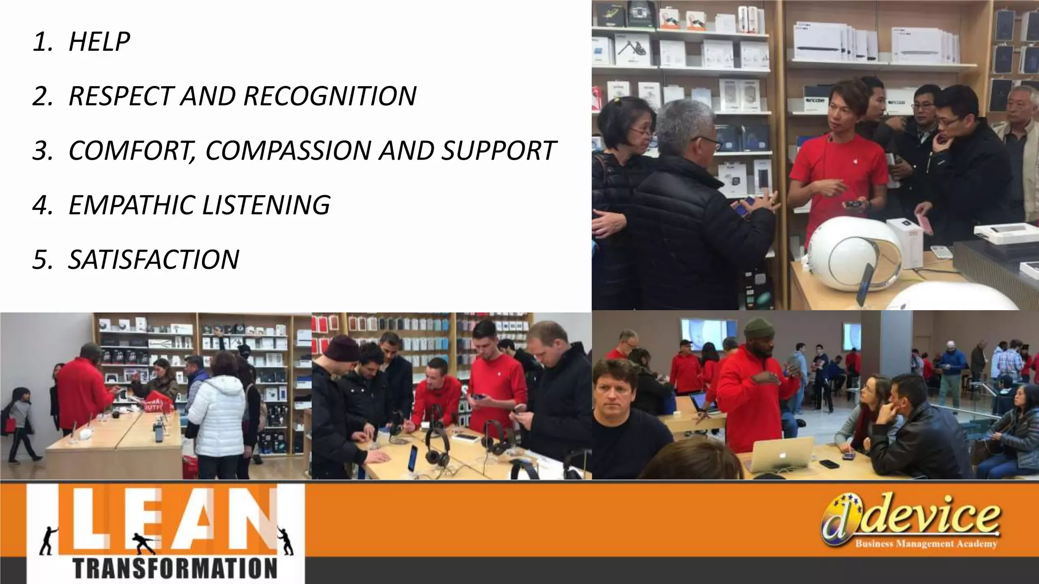 1. HELP
2. RESPECT AND RECOGNITION
3. COMFORT, COMPASSION AND SUPPORT
4. EMPATHIC LISTENING
5. SATISFACTION
 