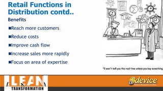 Benefits
Reach more customers
Reduce costs
Improve cash flow
Increase sales more rapidly
Focus on area of expertise
Retail Functions in
Distribution contd..
 