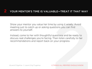 #LeanInTogether | LeanIn.Org/Together
Show your mentor you value her time by using it wisely. Avoid
meeting just to catch up or asking questions you can find answers
to yourself.
Instead, come to her with thoughtful questions and be ready to
discuss real challenges you’re facing. Then listen carefully to her
recommendations and report back on your progress.
2 YOUR MENTOR’S TIME IS VALUABLE—TREAT IT THAT WAY
4 THINGS ALL MENTEES SHOULD KNOW
 