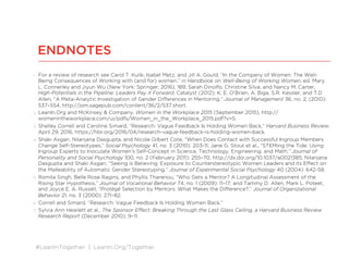 #LeanInTogether | LeanIn.Org/Together
ENDNOTES
1 For a review of research see Carol T. Kulik, Isabel Metz, and Jill A. Gould, “IntheCompanyof Women: TheWell-
Being Consequencesof Working with (and for) women,” in Handbook on Well-Being of Working Women,ed. Mary
L. Connerleyand Jiyun Wu (NewYork: Springer, 2016), 189; Sarah Dinolfo, ChristineSilva, and NancyM. Carter, High-
Potentialsin the Pipeline: LeadersPay it Forward, Catalyst (2012); K. E. O’Brien, A. Biga, S.R.Kessler, and T.D Allen,
“A Meta-Analytic Investigation of GenderDifferencesin Mentoring,” Journalof Management36, no.2, (2010): 537–
554, http://jom.sagepub.com/content/36/2/537.short.
2 LeanIn.Org and McKinsey& Company, Women in theWorkplace2015 (September2015),
http://womenintheworkplace.com/ui/pdfs/Women_in_the_Workplace_2015.pdf?v=5.
3 ShelleyCorrell and CarolineSimard, “Research: VagueFeedback Is Holding Women Back,” Harvard BusinessReview,
April 29, 2016, https://hbr.org/2016/04/research-vague-feedback-is-holding-women-back.
4 Shaki Asgari, Nilanjana Dasgupta, and NicoleGilbertCote, “When DoesContactwith Successful Ingroup Members
ChangeSelf-Stereotypes,” Social Psychology 41, no. 3 (2010):203-11;JaneG. Stoutetal., “STEMing theTide: Using
Ingroup Experts to InoculateWomen’sSelf-Conceptin Science, Technology,Engineering,and Math,”Journalof
Personality and Social Psychology 100, no. 2(February2011): 255–70,http://dx.doi.org/10.1037/a0021385; Nilanjana
Dasgupta and Shaki Asgari, “Seeing isBelieving: Exposureto Counterstereotypic Women Leaders and its Effect on
the Malleabilityof Automatic GenderStereotyping,” Journal of Experimental Social Psychology 40 (2004): 642-58.
5 Romila Singh, BelleRoseRagins, and PhyllisTharenou,“WhoGetsa Mentor? A Longitudinal Assessmentof the
Rising Star Hypothesis,” Journal of VocationalBehavior 74, no. 1 (2009): 11–17; and TammyD. Allen, Mark L. Poteet,
and Joyce E. A. Russell, “ProtégéSelection by Mentors: WhatMakesthe Difference?,” Journal of Organizational
Behavior 21, no. 3 (2000): 271–82.
6 Correll and Simard, “Research: VagueFeedback Is Holding Women Back.”
7 Sylvia Ann Hewlett et al., TheSponsorEffect: Breaking ThroughtheLastGlassCeiling, a Harvard BusinessReview
Research Report (December2010), 9–11.
 