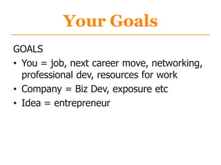 Your Goals
GOALS
• You = job, next career move, networking,
professional dev, resources for work
• Company = Biz Dev, exposure etc
• Idea = entrepreneur
 