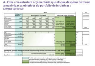 4 - Criar uma estrutura orçamentária que aloque despesas de forma
a maximizar os objetivos do portfolio de iniciativas :
Exemplo ilustrativo
 