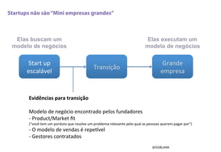 Start	
  up	
  
escalável	
  
Grande	
  	
  
empresa	
  
Transição	
  
Evidências	
  para	
  transição	
  	
  
	
  
Modelo	
  de	
  negócio	
  encontrado	
  pelos	
  fundadores	
  
-­‐ 	
  Product/Market	
  ﬁt	
  	
  
(“você	
  tem	
  um	
  porduto	
  que	
  resolve	
  um	
  problema	
  relevante	
  pelo	
  qual	
  as	
  pessoas	
  querem	
  pagar	
  por”)	
  
-­‐ 	
  O	
  modelo	
  de	
  vendas	
  é	
  repeIvel	
  
-­‐	
  Gestores	
  contratados	
  
	
  
Elas buscam um
modelo de negócios
Startups não são“Mini empresas grandes”
@SGBLANK
Elas executam um
modelo de negócios
 
