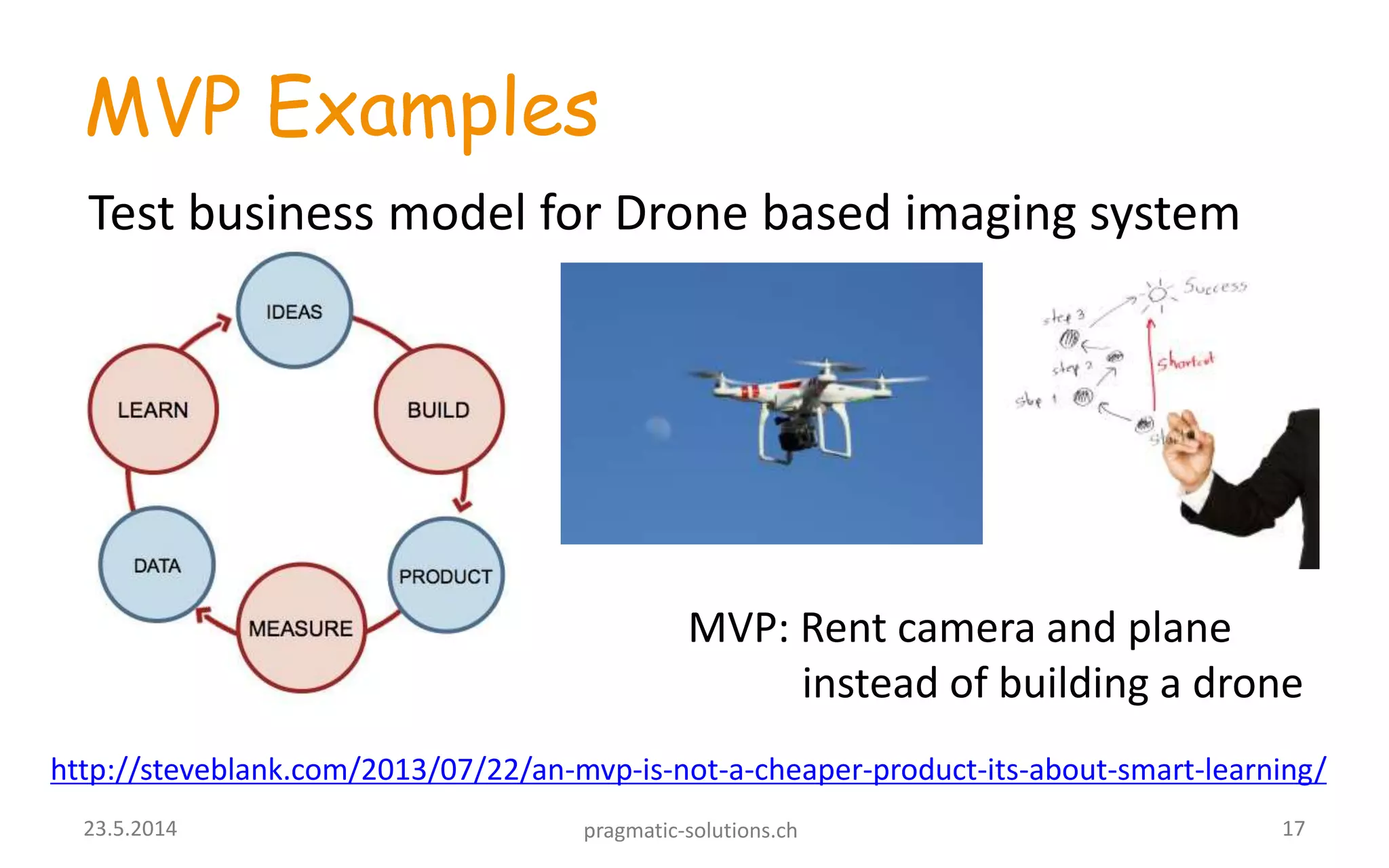 MVP Examples
http://steveblank.com/2013/07/22/an-mvp-is-not-a-cheaper-product-its-about-smart-learning/
Test business model for Drone based imaging system
MVP: Rent camera and plane
instead of building a drone
1723.5.2014 pragmatic-solutions.ch