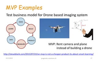 MVP Examples
http://steveblank.com/2013/07/22/an-mvp-is-not-a-cheaper-product-its-about-smart-learning/
Test business model for Drone based imaging system
MVP: Rent camera and plane
instead of building a drone
1723.5.2014 pragmatic-solutions.ch